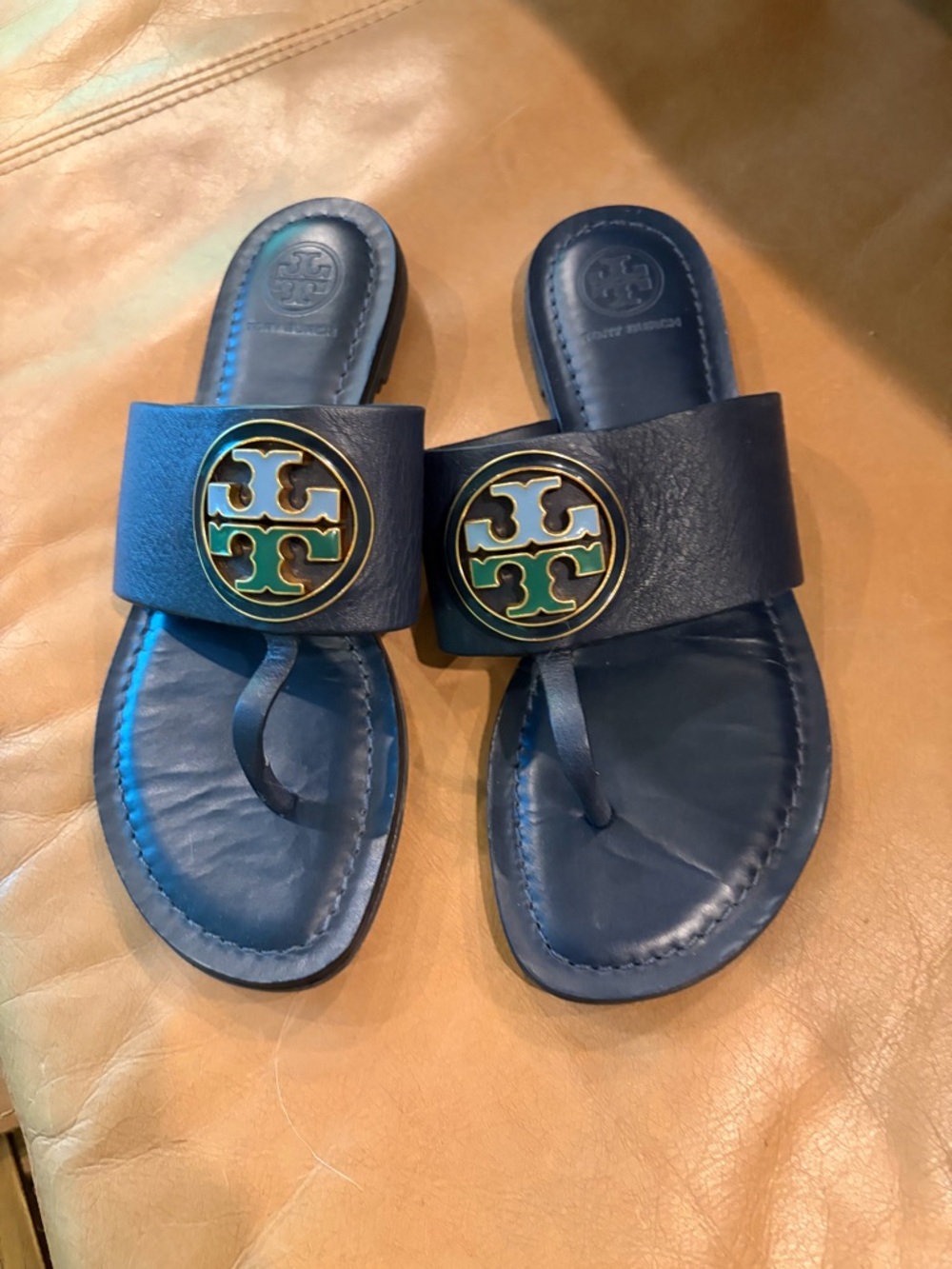 Tory Burch Dark Navy Leather Slide Sandals with Gold Logo